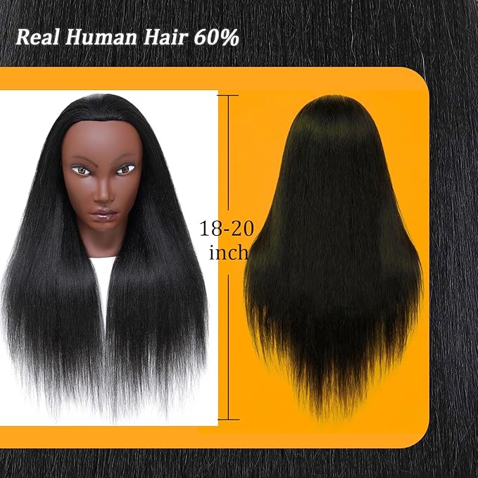 Mannequin Head Human Hair for Cosmetology, Manikin Head with 80% Real Hair for Styling Doll Head Braiding Practice Black Mannequin Heads Hairdresser Hairstylist Kids with Free Clamp Holder