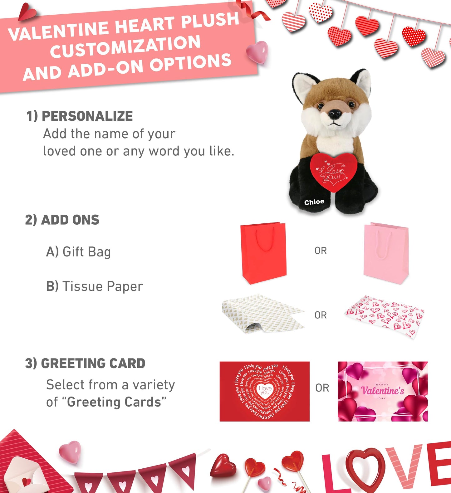 DolliBu I Love You Valentine Plush Floppy Fox - Cute Stuffed Animal with Red Heart and Name Personalization Gift for Valentines Day, Birthday, Anniversary, Romantic Date - 9 Inches