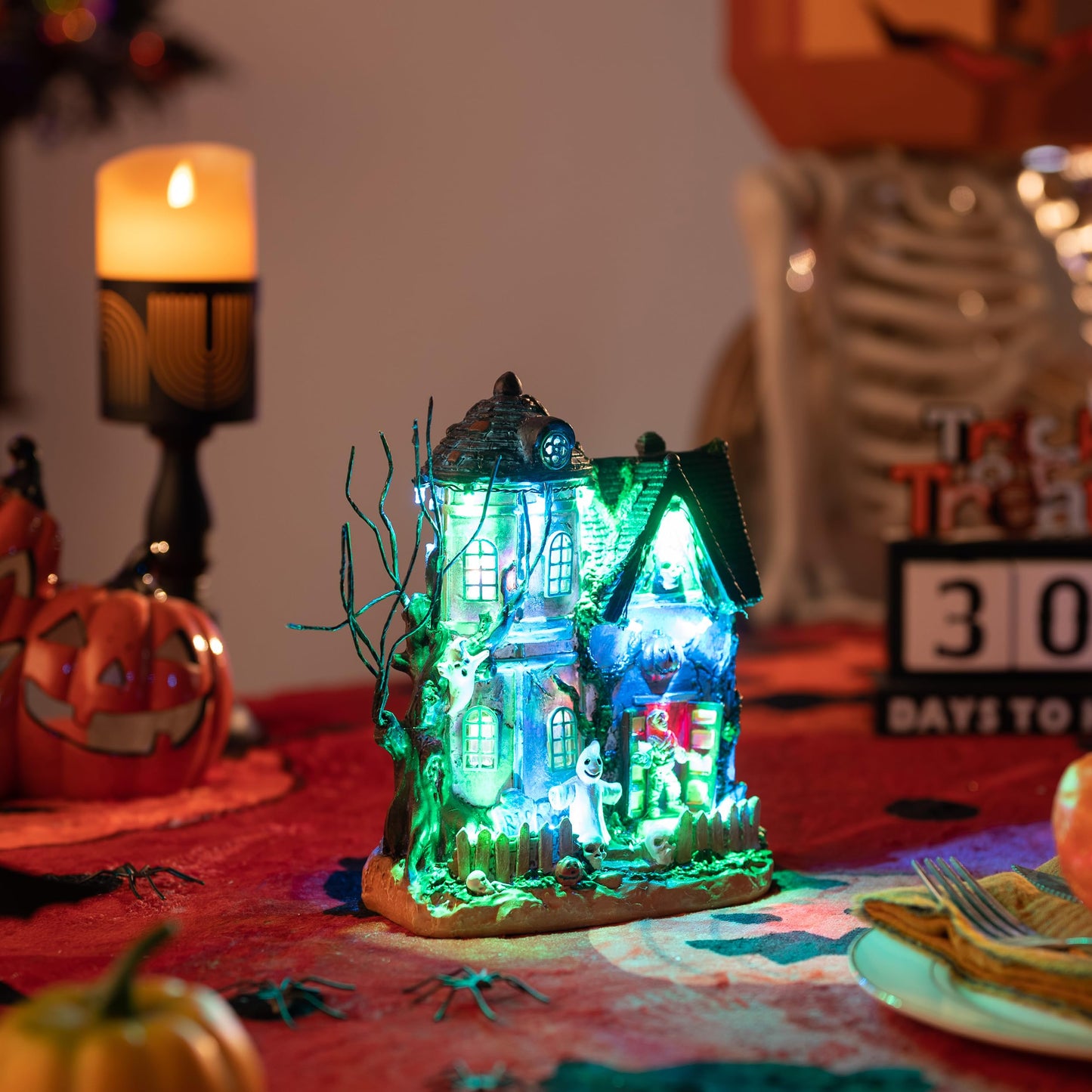 Valery Madelyn Halloween Decorations, Lighted Halloween Village Houses with Music and LED Lights, Resin Spooky Town Mummy's Haunted House for Home and Party Table Desk Mantel, 8 Inch