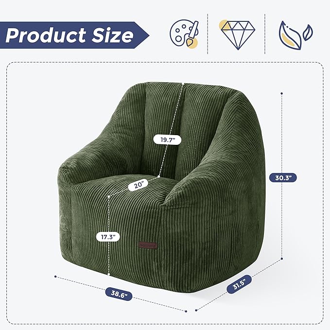 MAXYOYO Bean Bag Chair, Bean Bag Sofa with Filler, Cozy Living Room Chair for Adults and Kids, Stuffed Floor Sofa for Bedroom Dorm Reading, Dark Green