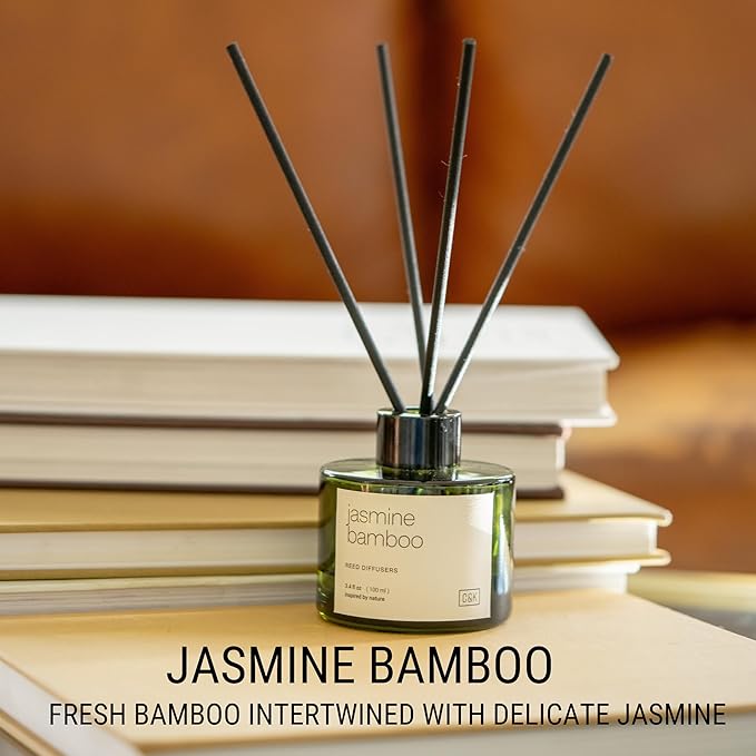 Craft & Kin Bamboo & Jasmine Christmas Reed Diffuser | All Natural Essential Oil & Rattan Scent Sticks | Holiday Reed Diffusers for Home, Bathroom | Long Lasting Home Fragrance in Green Glass, 3.4oz
