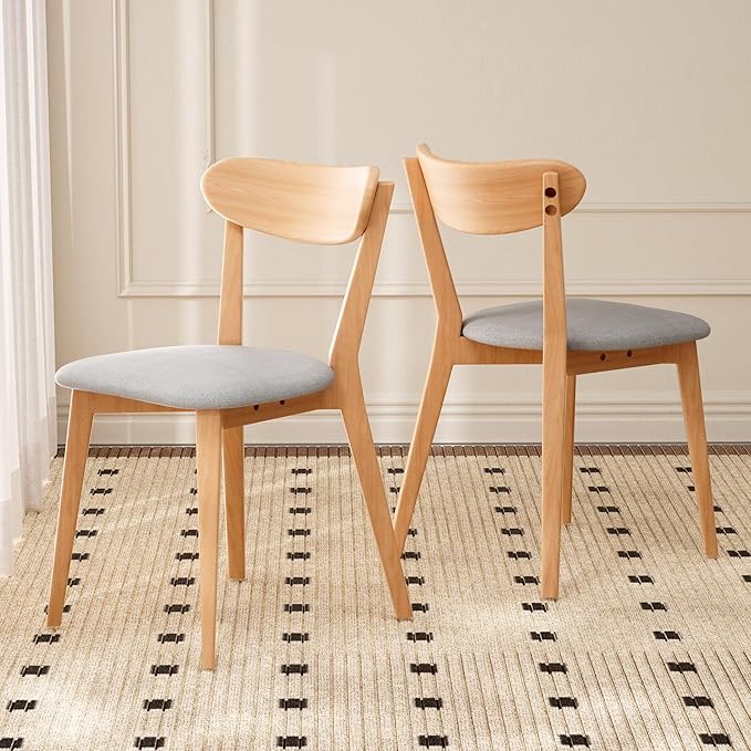 Grewood 100% Solid Oak Wood Dining Chairs,Mid Century Modern Dining Chairs with Upholstered Cushion,Kitchen,Dining Room Chairs Set of 2 (2, Original Color Grey Upholstery)