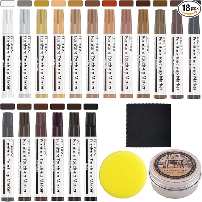 Furniture Repair Kit Touch Up Markers, 18 Colors Wood Repair Markers Set with Polish Wax, Wood Repair Pens for Scratches, Stains, Tables, Faded, Cabinet, Floors, Bedposts