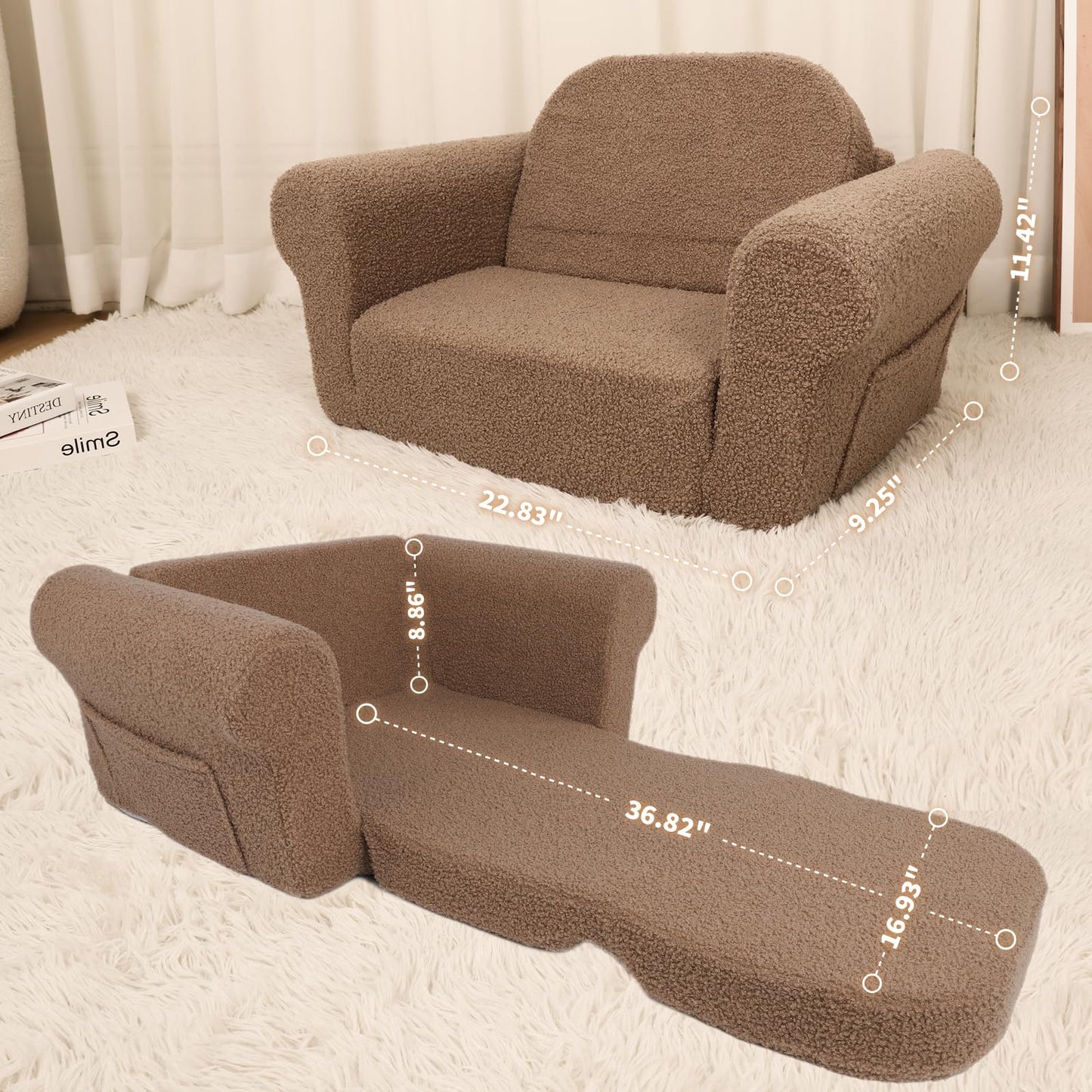 Hrebr Chairs for Toddler, 2-in-1 Toddler Soft Teddy Baby Couch Fold Out, Convertible Chair to Lounger for Girls and Boys|Safety Certified | Gift for Children