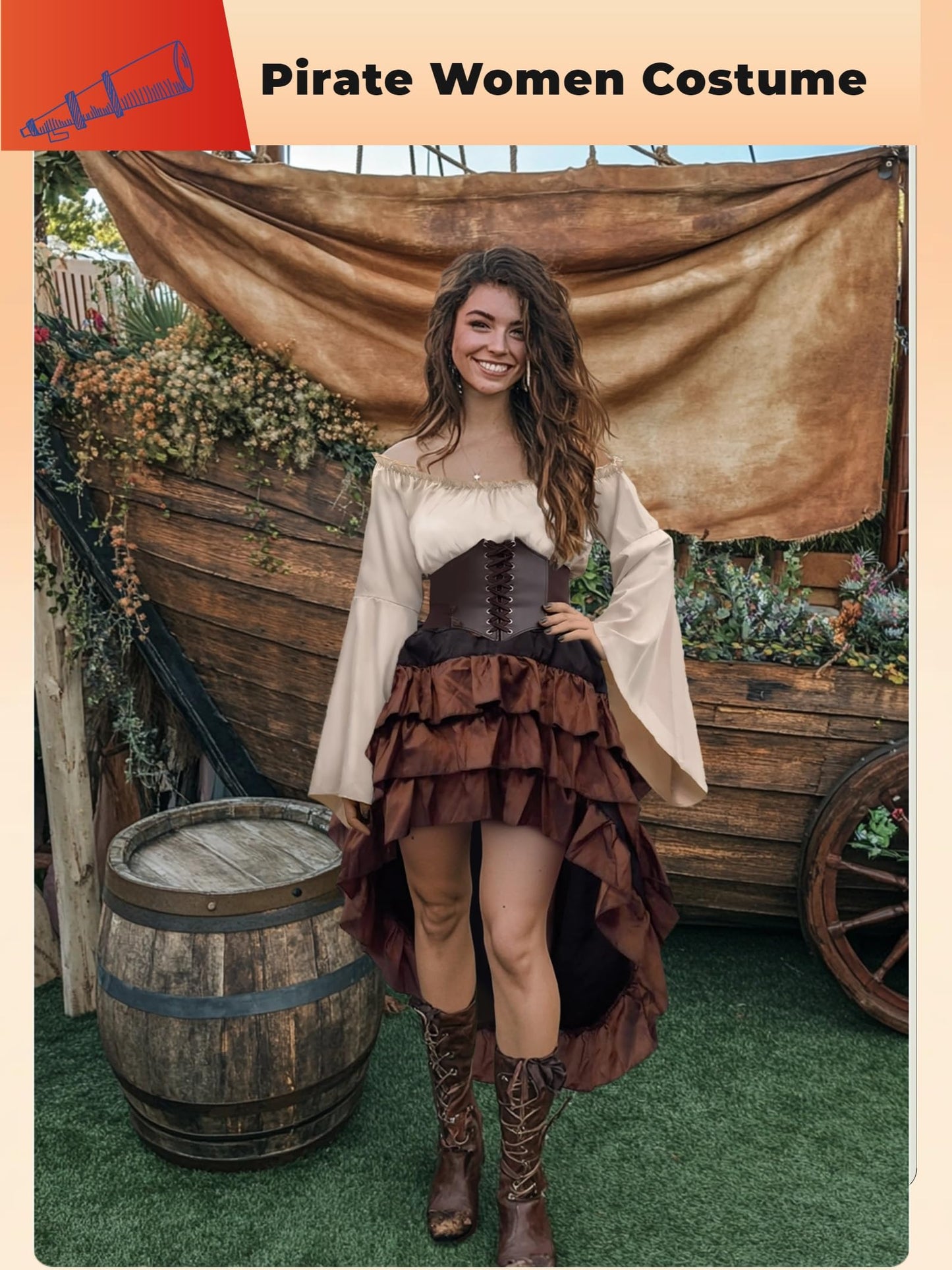 Verceco Pirate Costume Women Outfit with Renaissance Pirate Shirt Skirt Corset Waist Belt Womens Halloween Pirate Costumes (Beige+Brown, M)