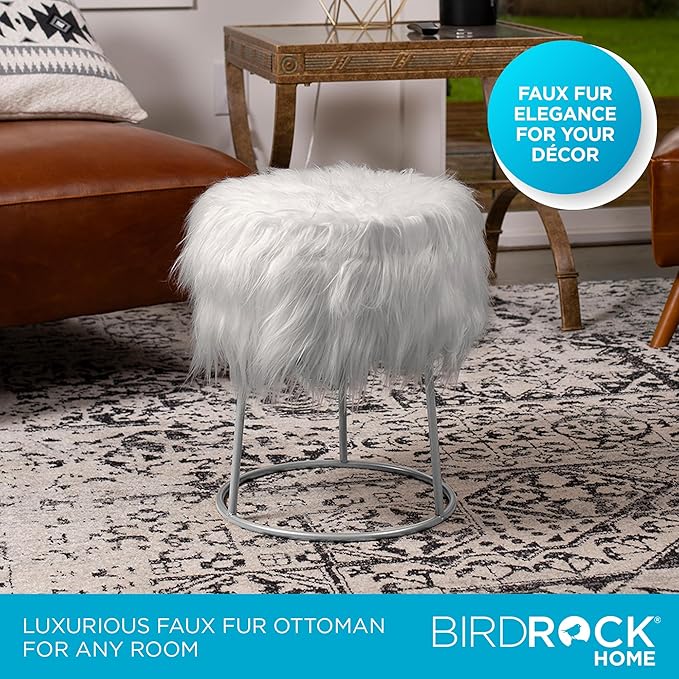 BIRDROCK HOME Round Faux Fur Foot Stool - Small Padded Ottoman with Soft Cushion for Living Room, Bedroom, or MakeUp Room - Modern Upholstered Accent Chair, Vanity Seat, Footrest for Couch/Sofa - Grey