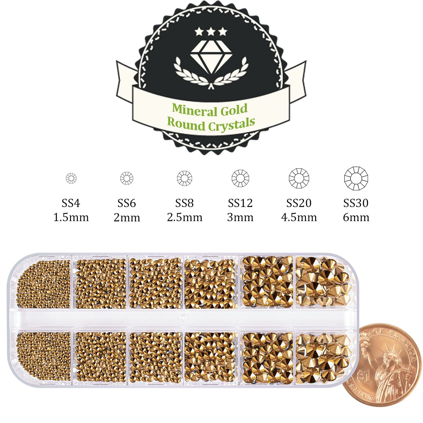 One Pack 2000 Pcs of Flatback Round Mineral Gold Rhinestones 6 Sizes (1.5-6 mm) with Nail Art Rhinestone Picker Pencil and Tweez