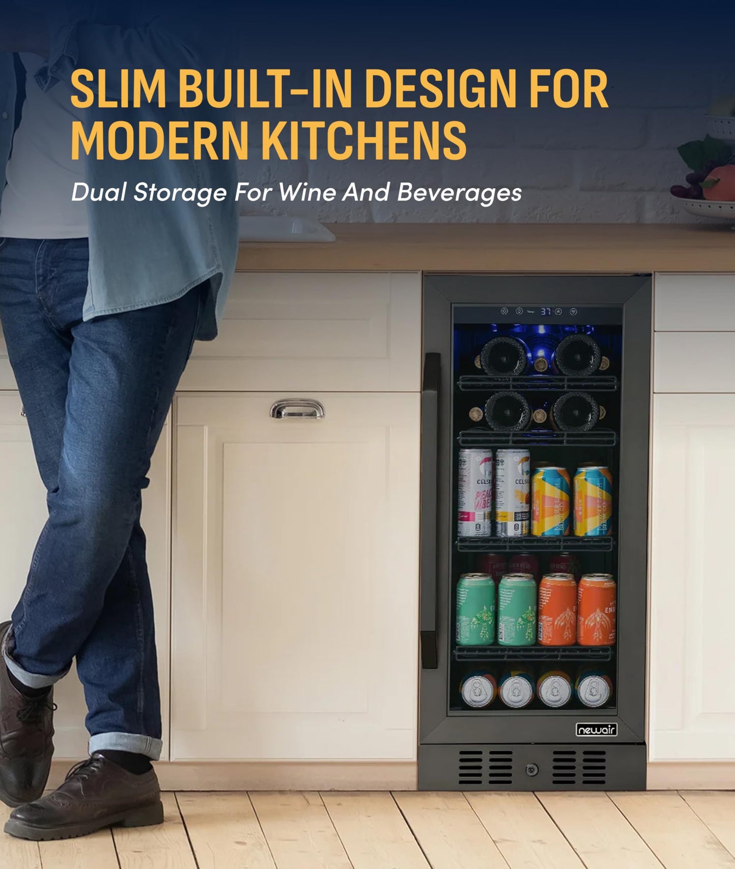 NewAir 15" Single Zone Beverage & Wine Fridge | Beverage & Wine Refrigerator for 33 Bottles / 80 Cans | Freestanding or Built-In Under Counter Mini Fridge for Beer, Wine & Soda | Black Stainless Steel