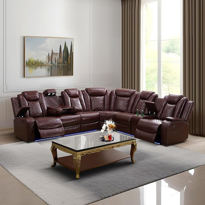 Dekmxas Leather Sectional 3-Piece Living Room Furniture Sets with LED Light, Power Recliner Sectional Sofa, Brown Power Reclining Sofa Couches Set with Cup Holder/Storage Console for Home Theater