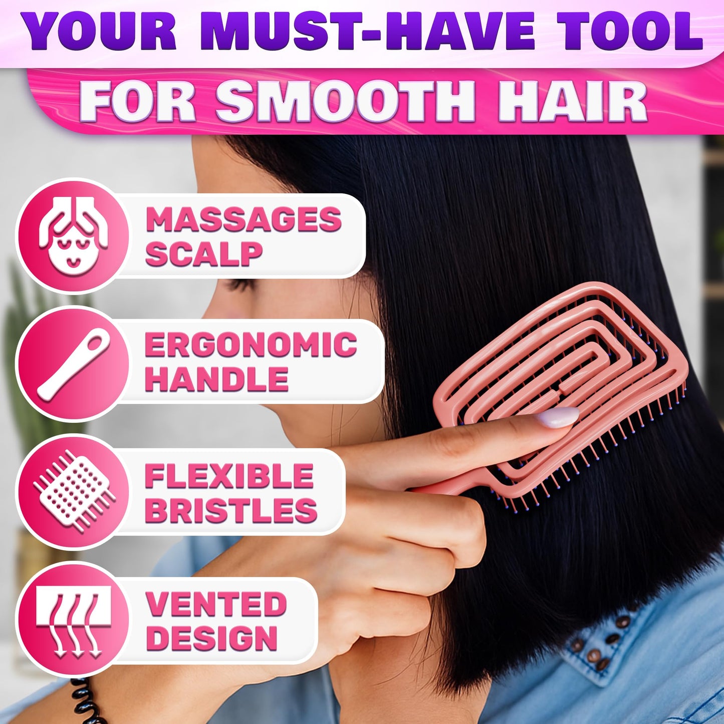 Pink Hair Detangler Brush - Curved Vented Brush for Thick Hair, Lightweight and Ergonomic, Convenient Size, Suitable for All Cur
