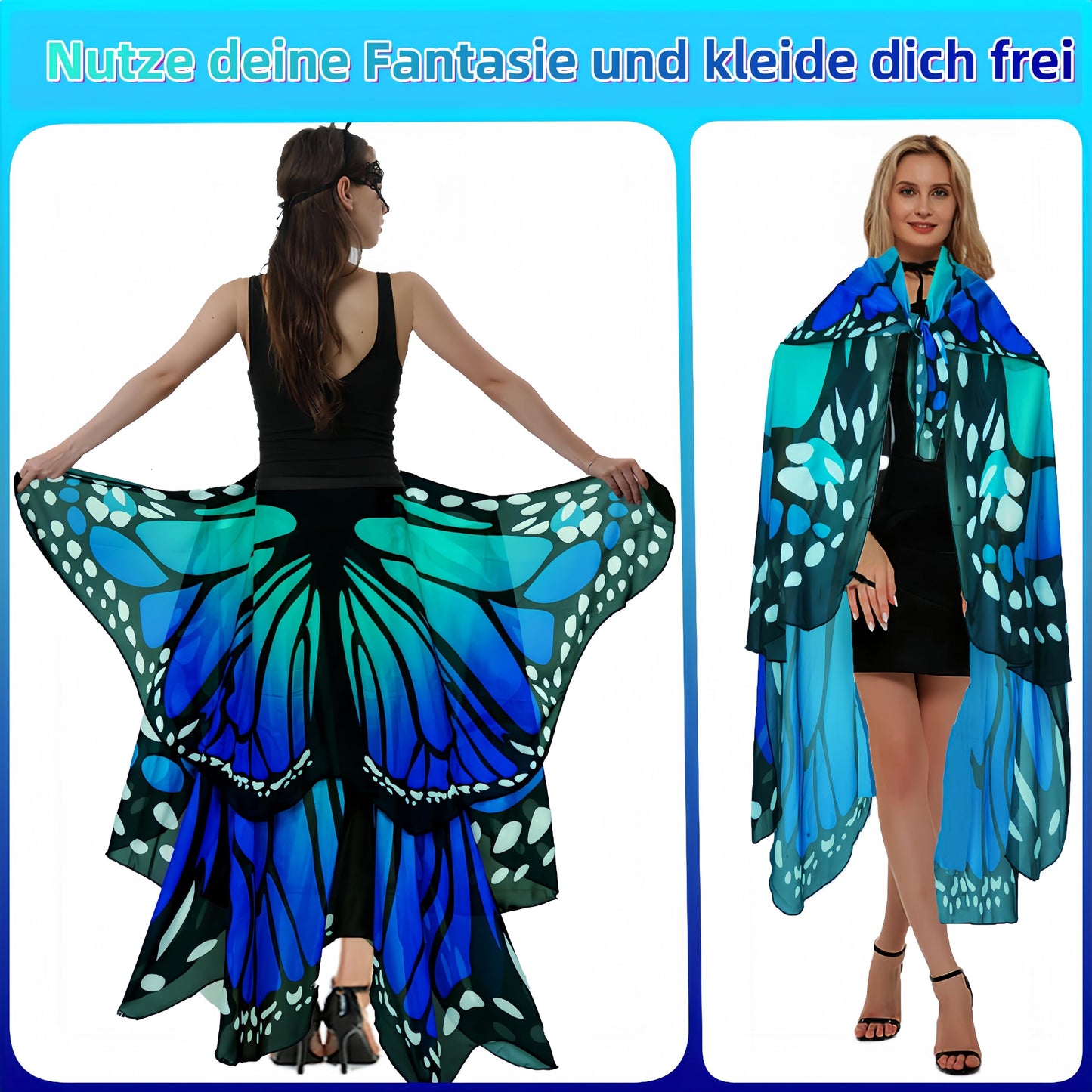 Sunlisky Halloween Costumes for Women Adult Double-Sided Butterfly Costumes Wing Cape Shawl 3Pcs（Green & Blue）
