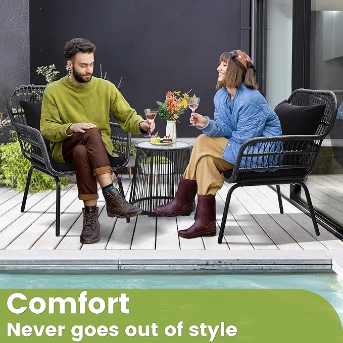 wildformers 3 Pieces Rattan Wicker Bistro Set, Outdoor Conversation Set, Wicker Furniture Set with Glass Top Table, Space Saving for Balcony, Backyard, Black