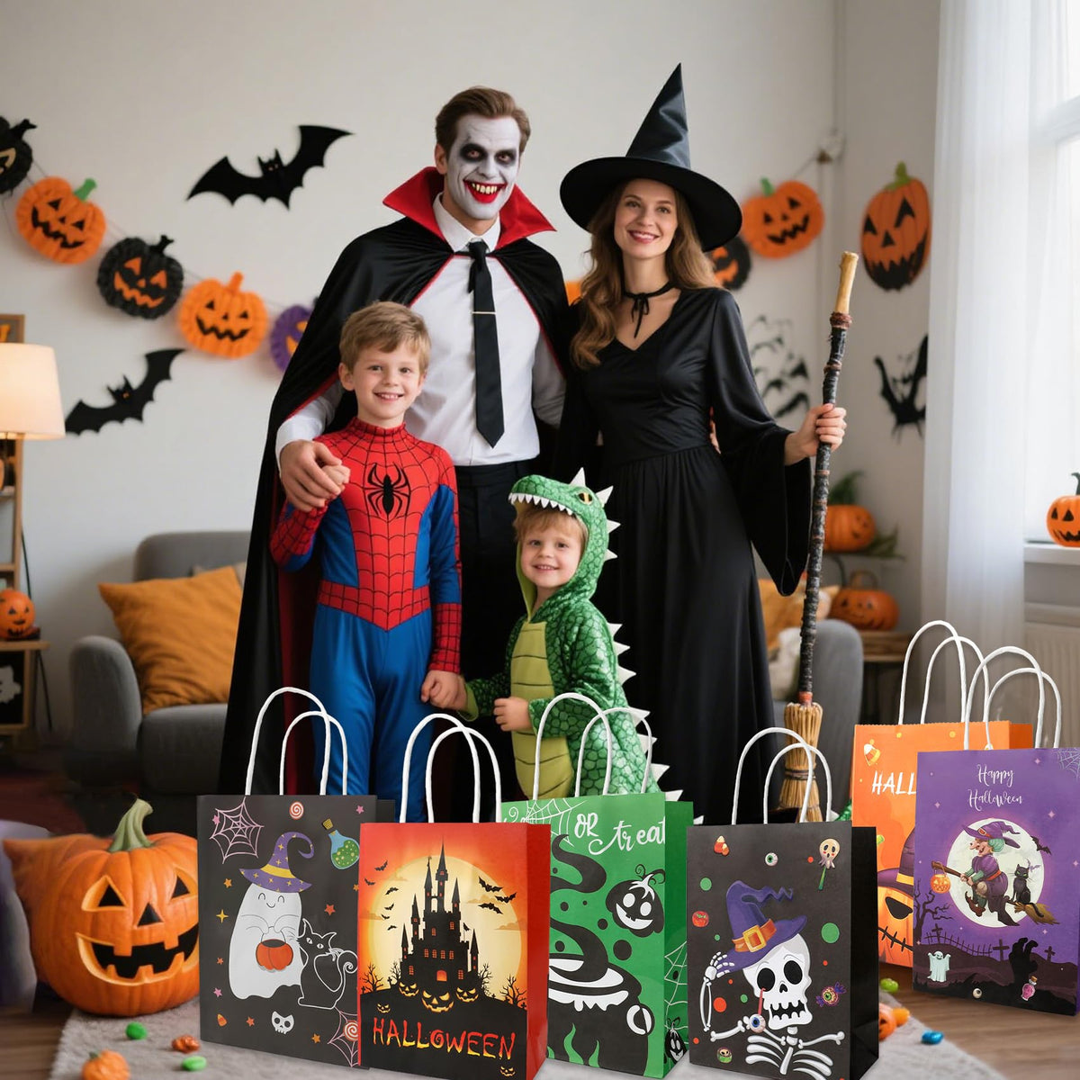 12 PCS Halloween Bags with Handles, 6 Styles Halloween Paper Bags for Gift Candy Goodie Snacks Treat Cookie Wrap Party Favors Supplies Decorations Trick or Treat Horror theme Birthday Baggies Pouch