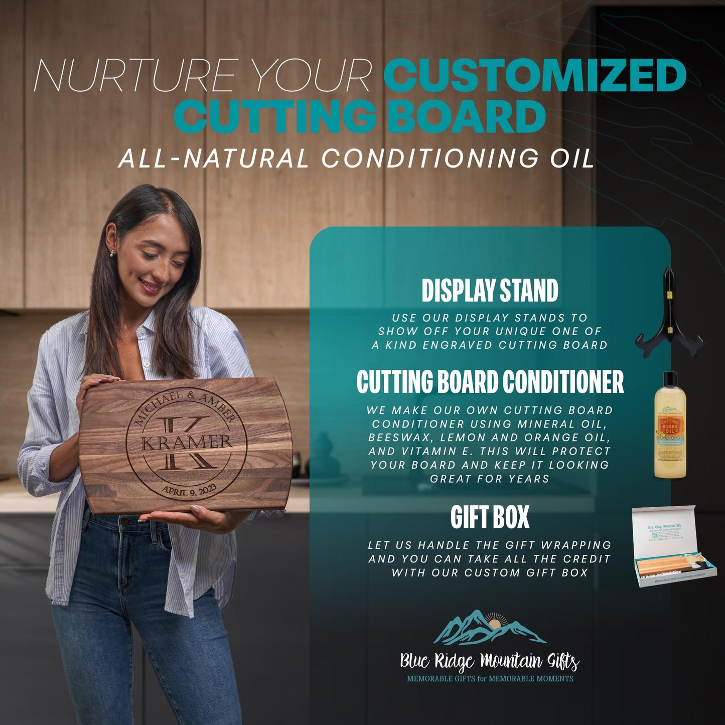 Blue Ridge Mountain Gifts - Personalized Wood Cutting Board with Gift Box, Stand, and Oil Included Laser Engraved Anniversary or Wedding Gift for Her Birthday Mom Dad Present