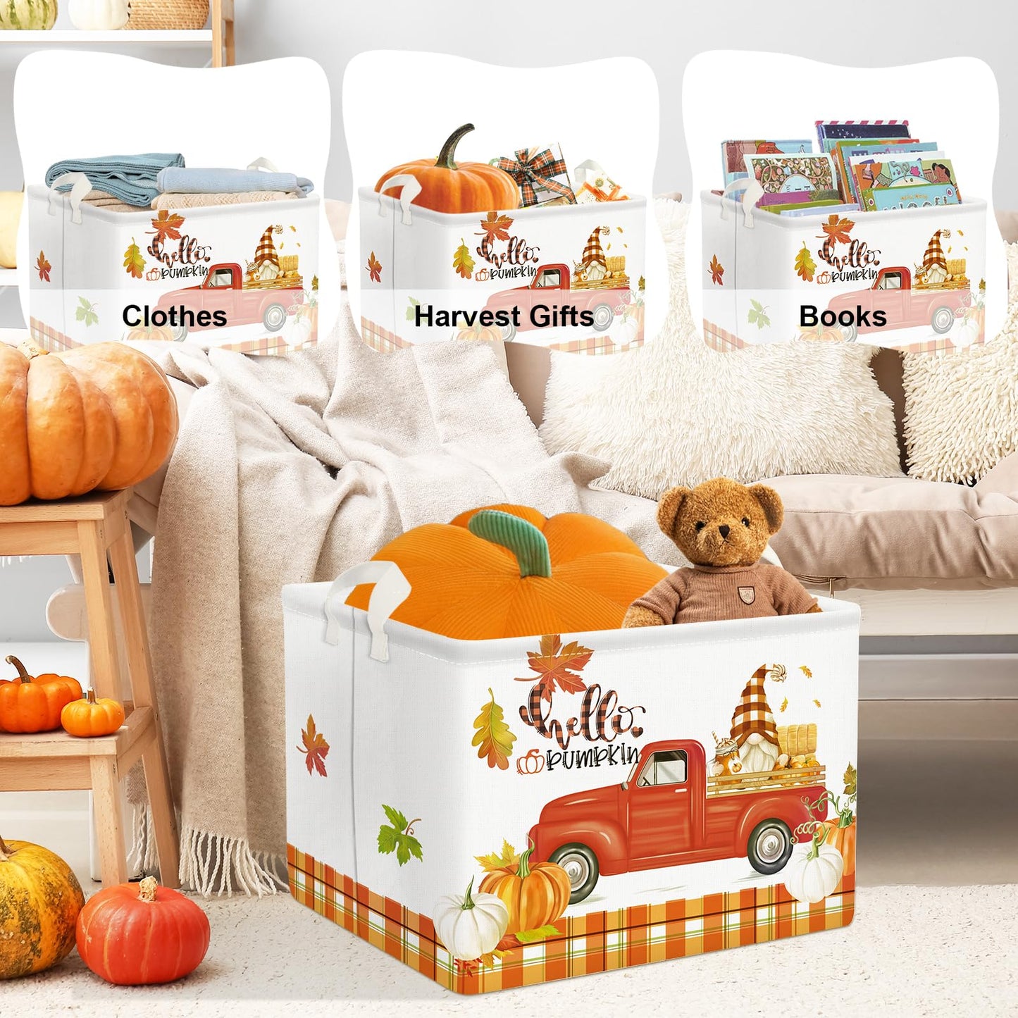 Clastyle Pumpkin Gift Basket Empty Rectangular Foldable Clothes Toy Storage Bin Large Gnome Truck Book Shelf Basket Orange Bull Plaid Harvest Basket