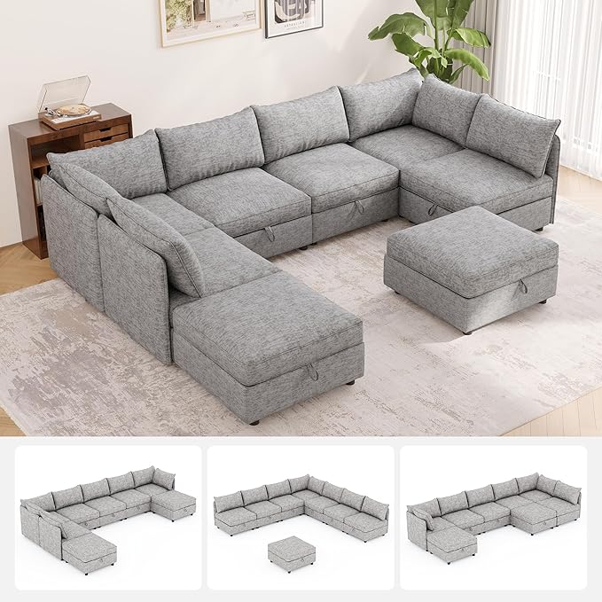 Oversized Modular 8 Seater Sofa with Removable Covers and Storage, Convertible U, L-Shaped and Sleeper Sectional, Modern Sectional Couch with Ottoman Chaise for Living Room, Bedroom, Apartment, Gray