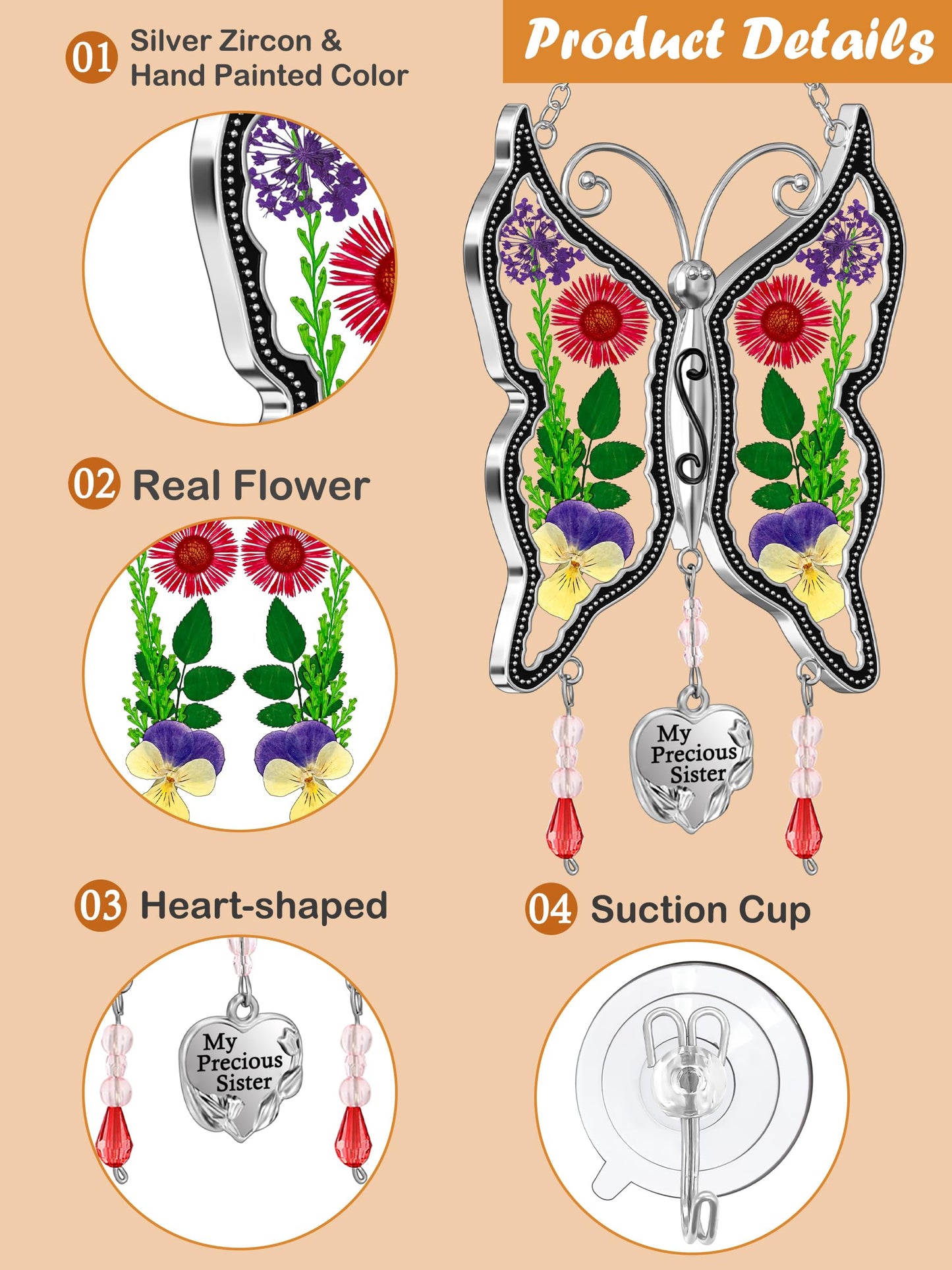 KY&BOSAM Gifts for Sister Suncatcher Butterfly My Precious Sister Stained Glass Catchers for Window Hanging Wind Chime Real Flower Wings and Heart Charm Gift for Sister Mother`s Day Birthday Christmas