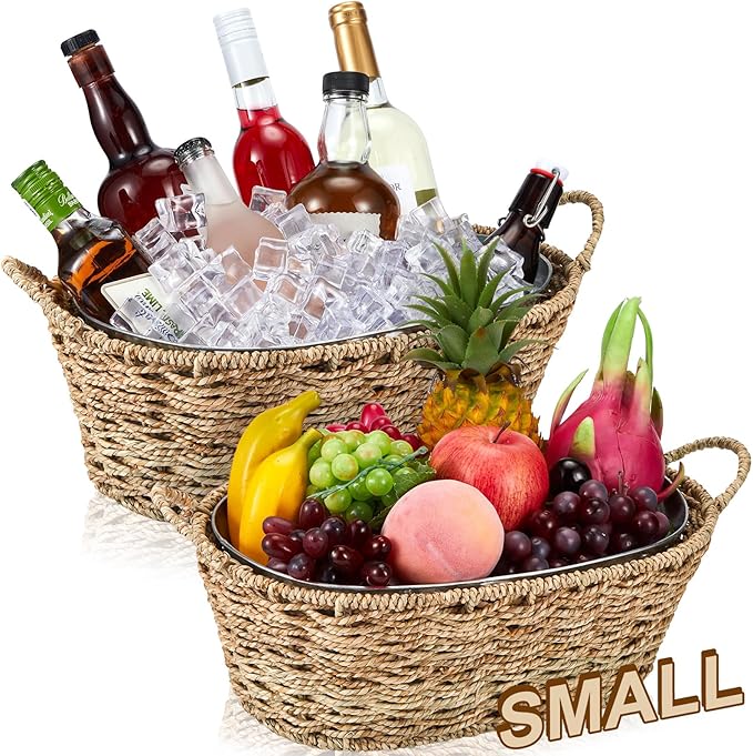 Domensi 2 Pcs Small 3 Gallons Ice Bucket with Wicker Outer Basket Handle Beverage Tub Grass Rope Woven Farmhouse Galvanize...