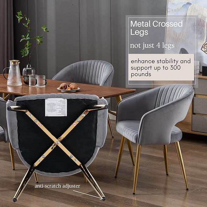 COMULER Grey Velvet Dining Chairs Gold Legs, Modern Dining Room Chairs with Arms Set of 4 Upholstered Accent Chair Armchair with Barrel Back for Kitchen Living Room
