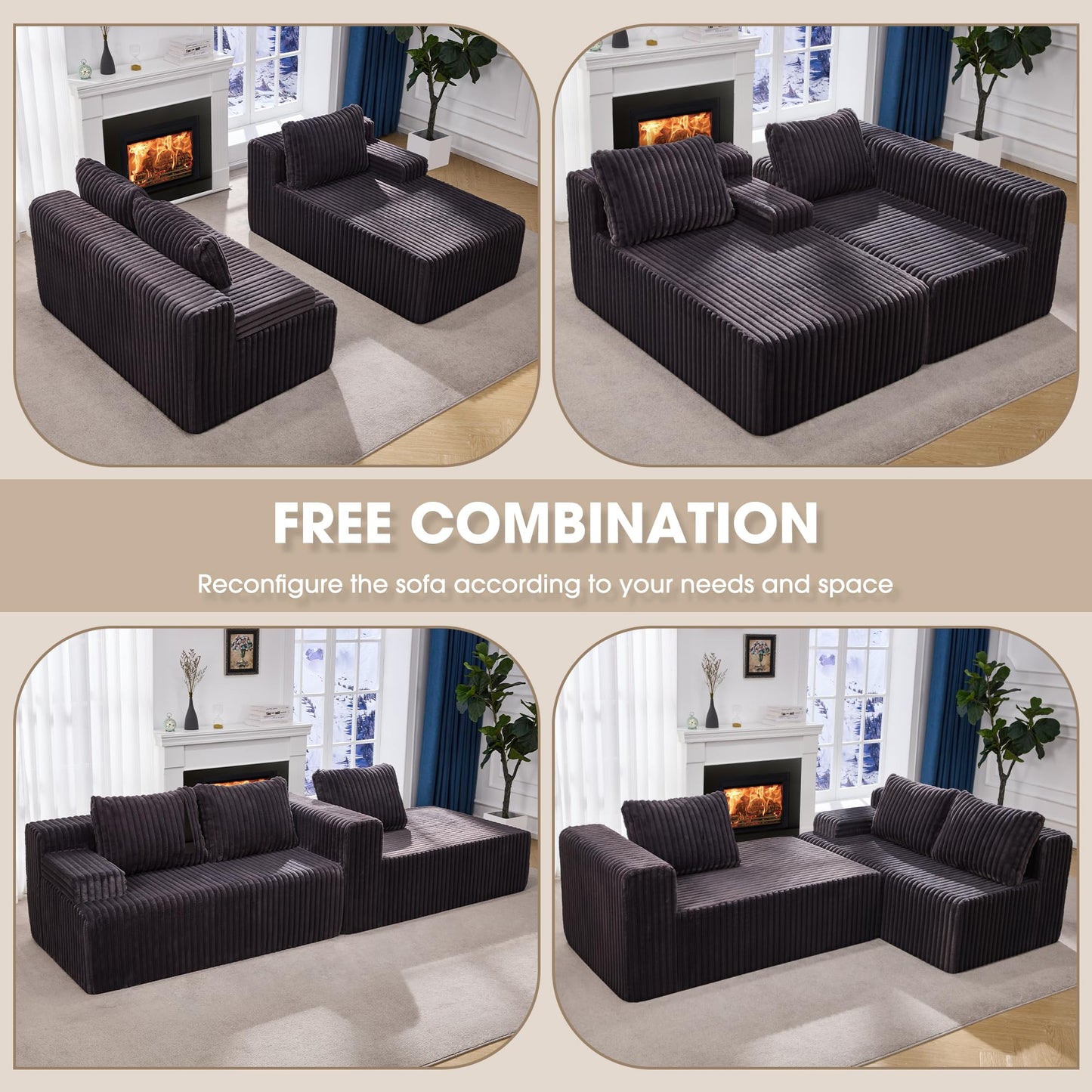 Modular Sectional Sofa Couches L-Shape Couch 3 Seat Modular Sofa Memory Foam Sectional Couches for Living Room, Cloud Couch with Oversized Chaise (Grey, Stripe (Right Facing Chaise))