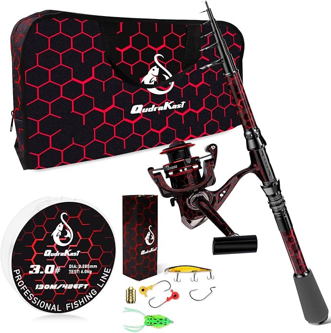 Fishing Rod and Reel Combos, Unique Design with X-Warping Painting, Carbon Fiber Telescopic Fishing Rod with Reel Combo Ki...