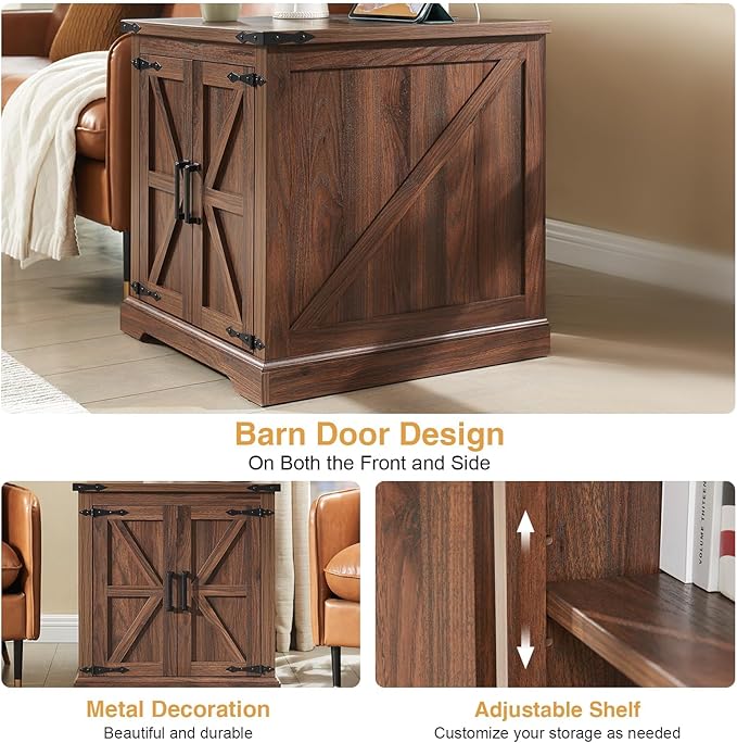 Barnyatoh Farmhouse End Table with Charging Station,Large Side Table with Barn Door, Rustic Wood Square Nightstand Bedside Table with Adjustable Storage Shelf for Living Room, Bedroom,Walnut 2-Pack
