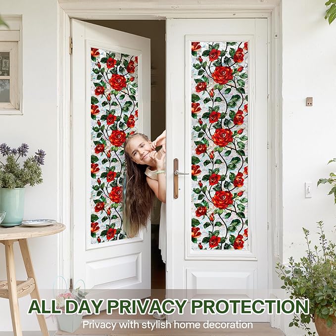 Stained Glass Window Film UV Resistant Window Privacy Film Rose Floral Privacy Rainbow Decals Living Room Bedroom Sun Blocking Decor Removable Static Cling Stickers 17 x 39.37 Inch