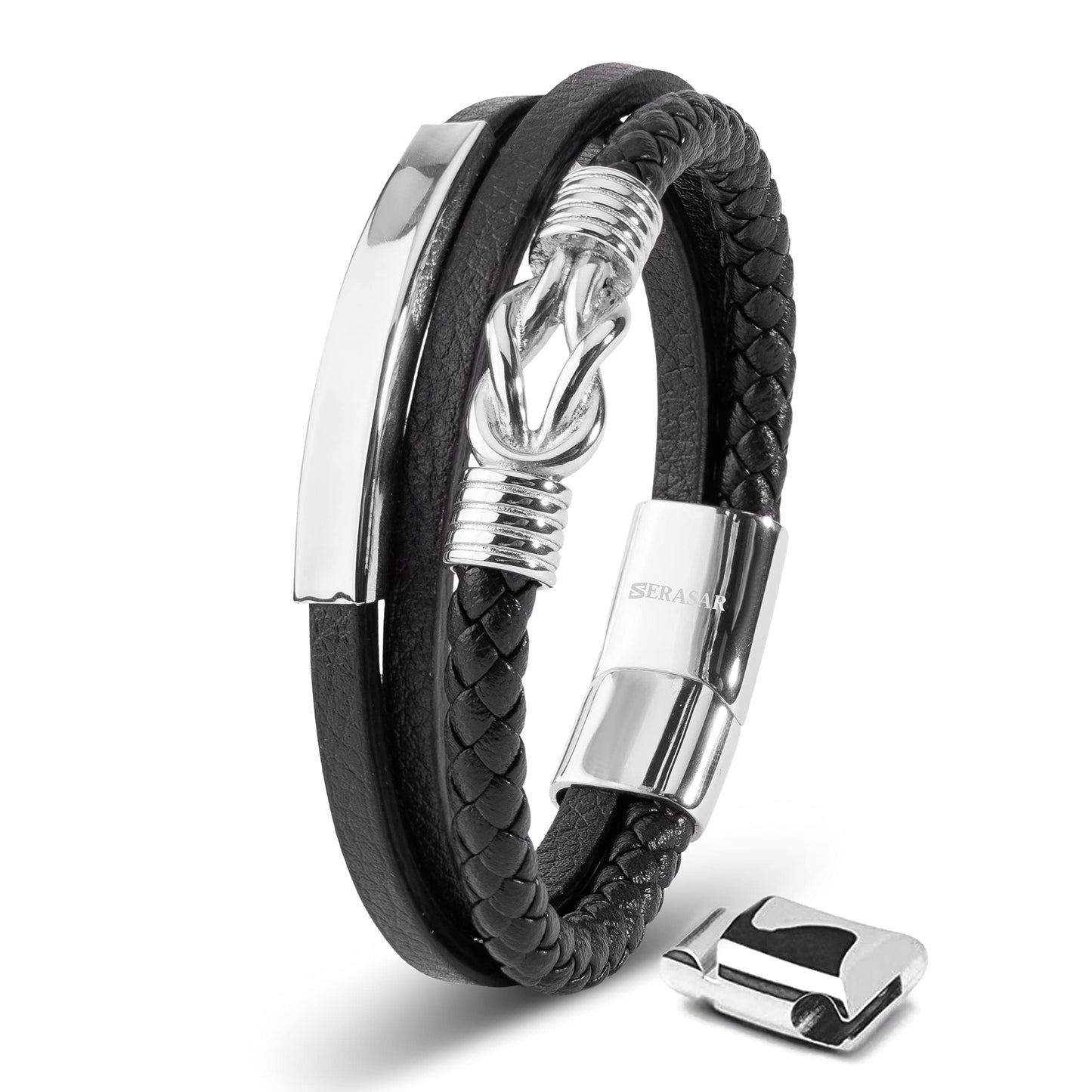 SERASAR Mens Silver Bracelets 23cm Bracelet Men Gift Box Genuine Leather Cowhide Braided Magnetic Clasp Multi Layer Wrap Rope Ma