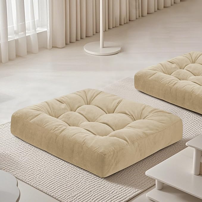 FlyGulls Meditation Floor Pillow 22×22 Inch 2 Pack Large Floor Cushions for Adults Square Tufted Corduroy Floor Pillows for Yoga Living Tatami Room Beige