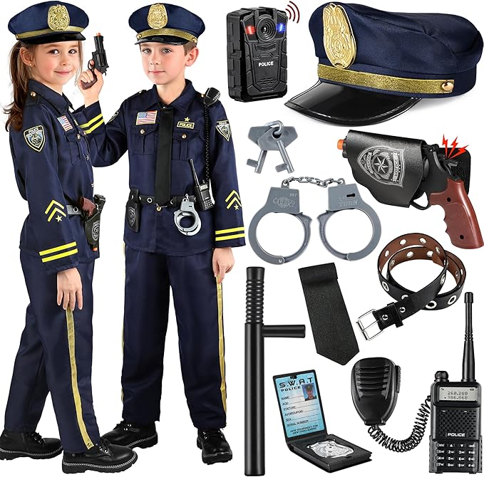 GIFTINBOX 12PCS Police Costume for Kids, Kids Police Officer Costume for Boys Girls with Accessories, Halloween Costumes f...