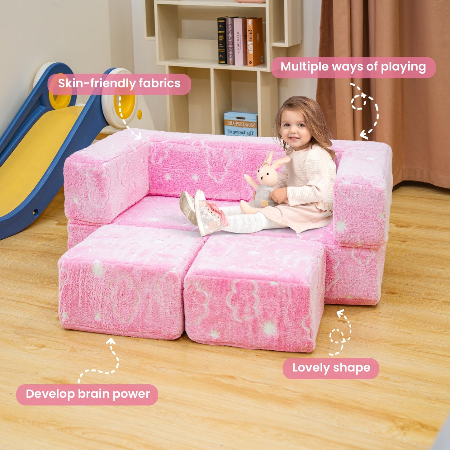 furlinkhm Toddler Couch, Glow in The Dark Kids Play Couch Toddler Fold Out Couch, Kids Fold Out Couch for playroom, Convertible Baby Fold Out Play Foam and Floor Cushion for Bedroom, Pink+Clouds