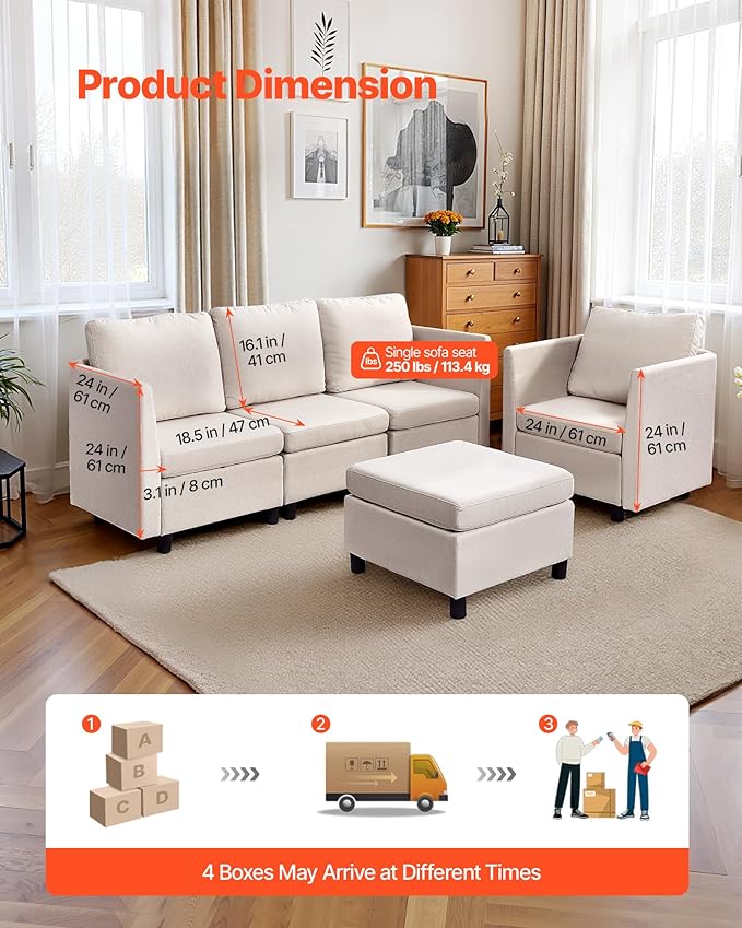VEVOR Modular Sectional Sofa, Modern 5-Seater Modular Sofa with Hidden Storage, Customizable Cloud Sectional Couch, Solid Wood Frame Upholstered Comfy Couch for Living Room, Bedroom, Beige