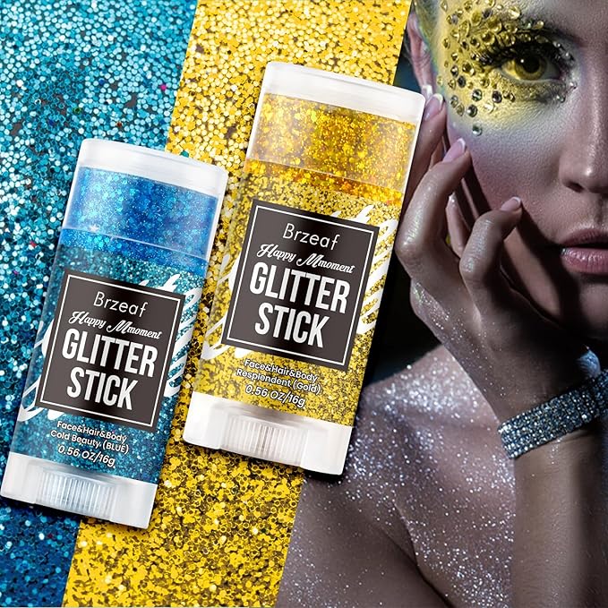 Brzeaf Waterproof Blue Glitter Stick, Halloween Festival Rave Accessories, Safe Ingredients & Long Lasting, Hair Eyeshadow Face Glitter Stick, Singer Concert Music Rave Festival, Glitter Makeup