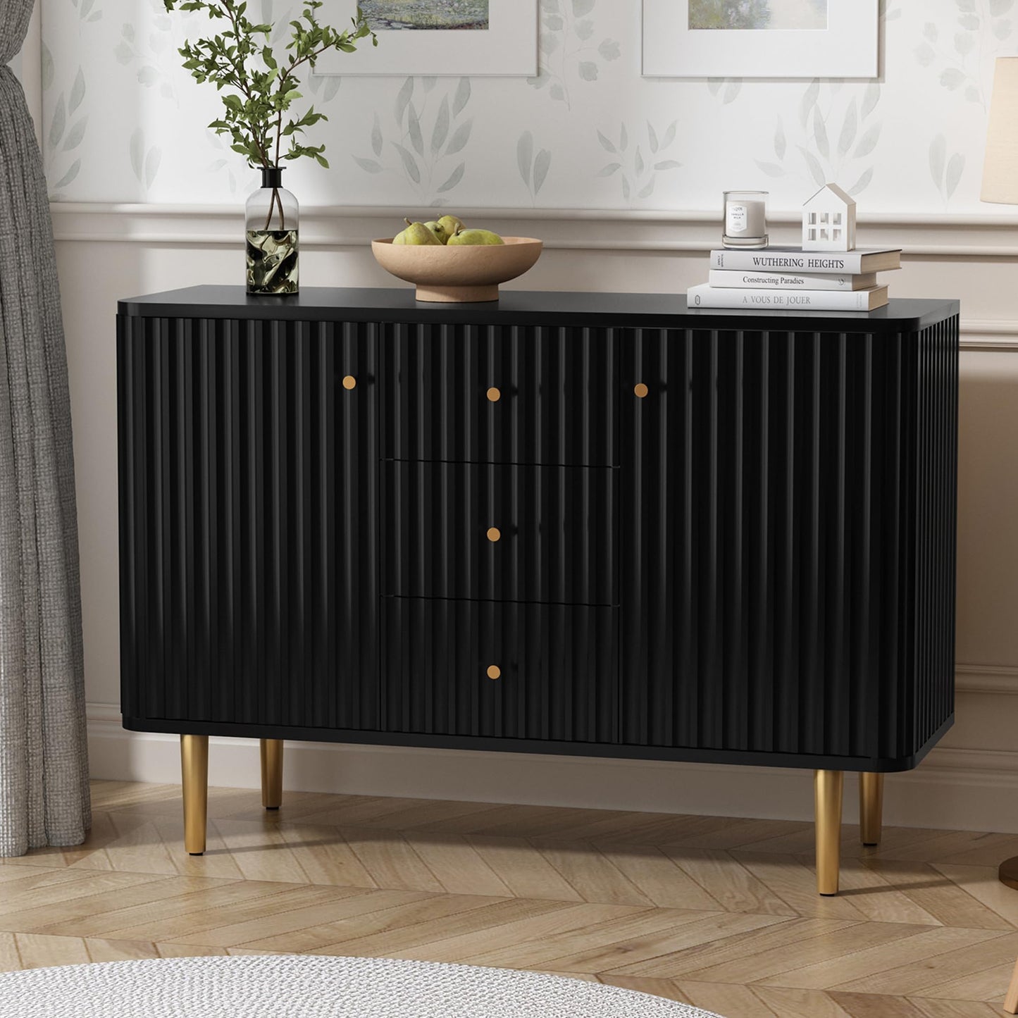 ARTPOWER Sideboard Buffet Cabinet with Drawers, 48" Fluted Accent Storage Cabinet, Modern Credenza for Entryway, Kitchen, Living Room, Black