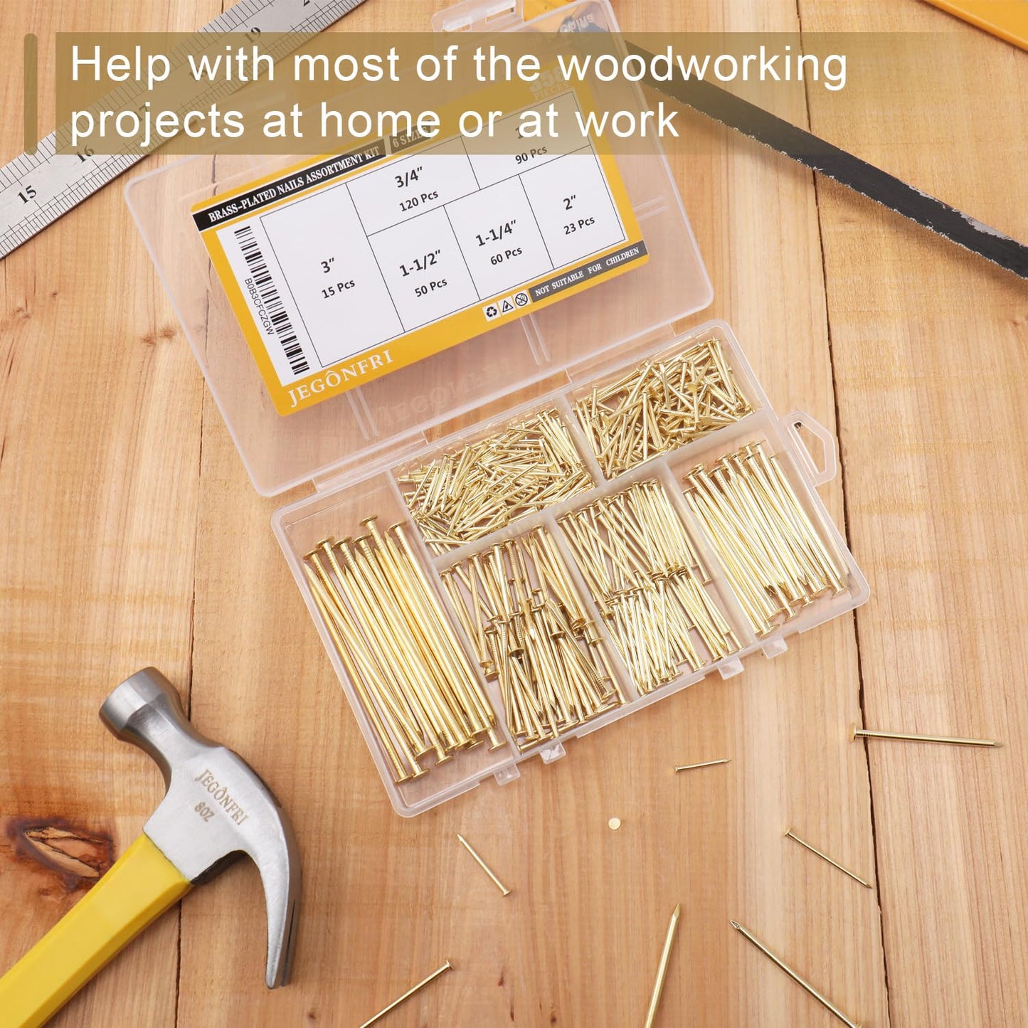 6 Sizes Gold Hardware Nails Assortment Kit, 358pcs, Brass Plated, Nails for Hanging Pictures, Finishing Nails, Wood Nails, Wall Nails for Hanging (3”, 2”, 1-1/2”, 1-1/4", 1”, 3/4")