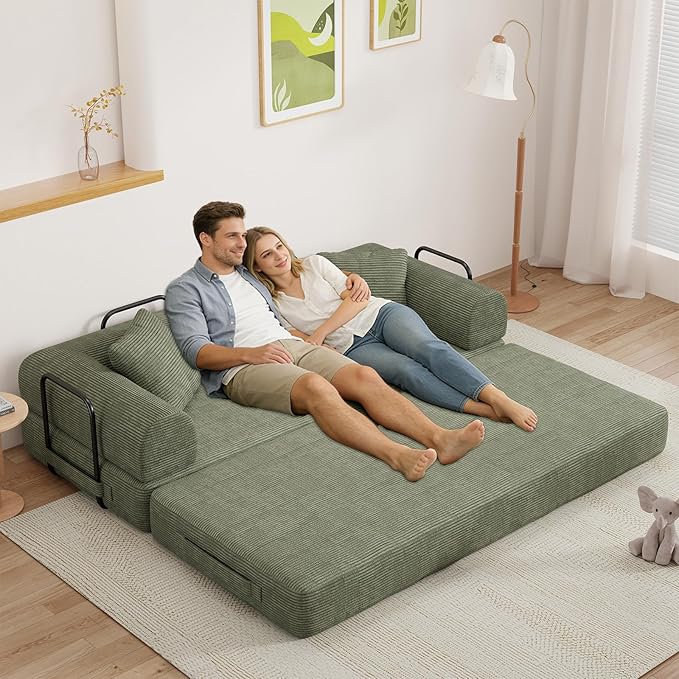 77" Convertible Sofa Bed, Modular Folding Futon Corduroy Floor Foam Compressed Loveseat Sleeper Sofa Couch, Pull Out Queen Size Couch Bed with 2 Pillows for Living Room Guest Room Studio, Light Green