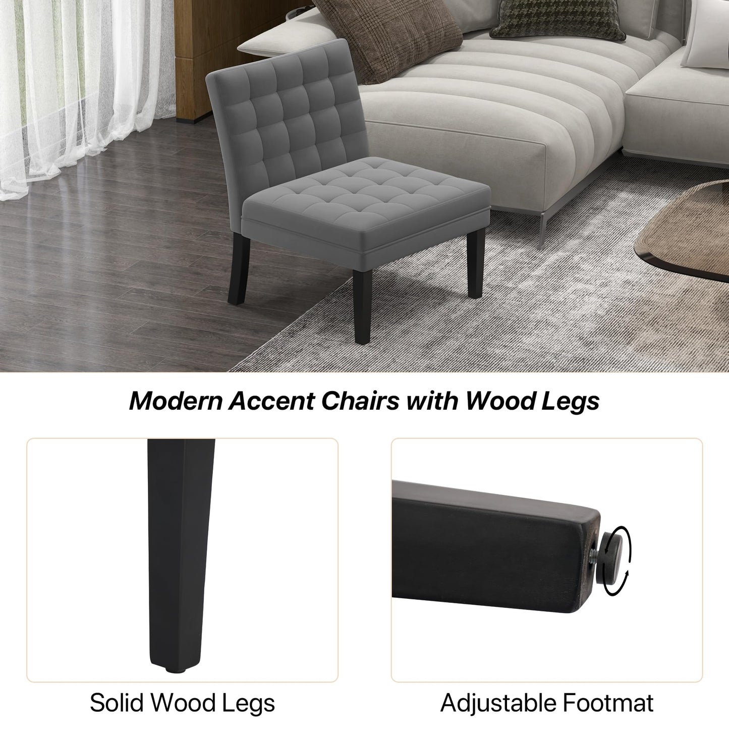 HENGJIANYI Velvet Accent Chair, Upholstered Criss Cross Chair, Wide and Comfy Living Room Chair with Wood Legs, Armless Chair with Button Tufted Back and Seat for Reading Bedroom Waiting Room, Gray