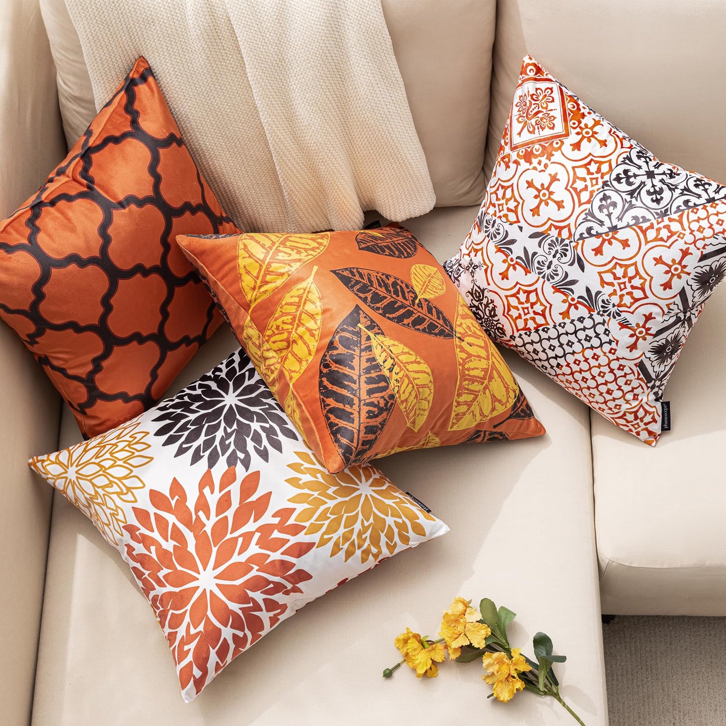Phantoscope Set of 4 New Living Series Halloween Velvet Pillows Leaf Geometric Throw Decorative Fall Velvet Pillow Cover Cushion Cover, Orange and Black 18 x 18 inches 45 x 45 cm