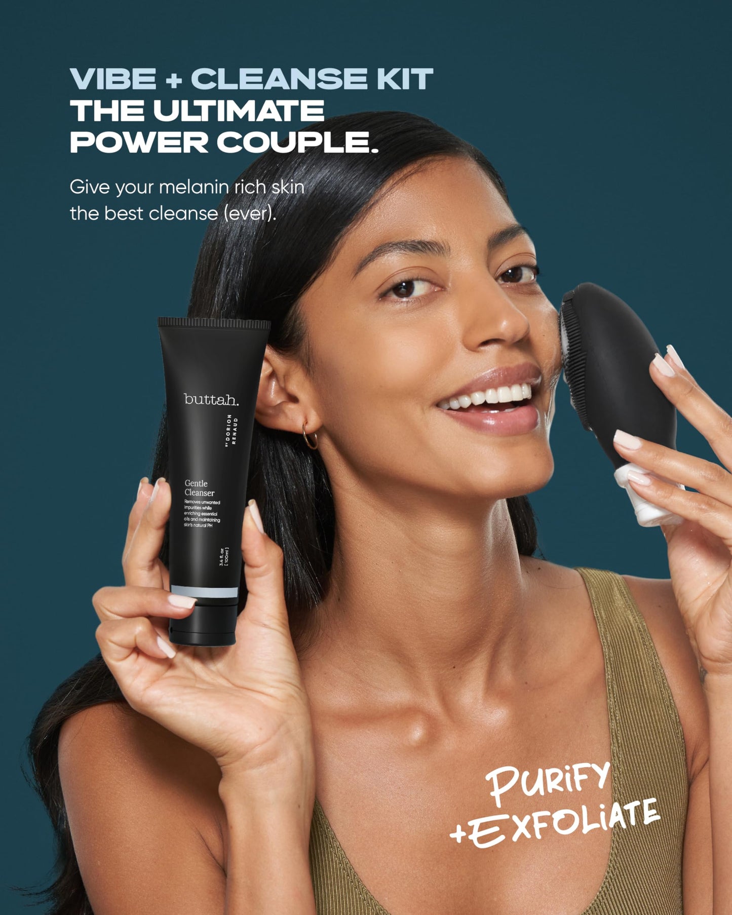 Buttah Skin by Dorion Cleanse + Vibe Brush Kit | Vibe Cleansing Face Brush | Buttah Facial Cleanser 3.4oz | 2-Speed Sonic Pulsat
