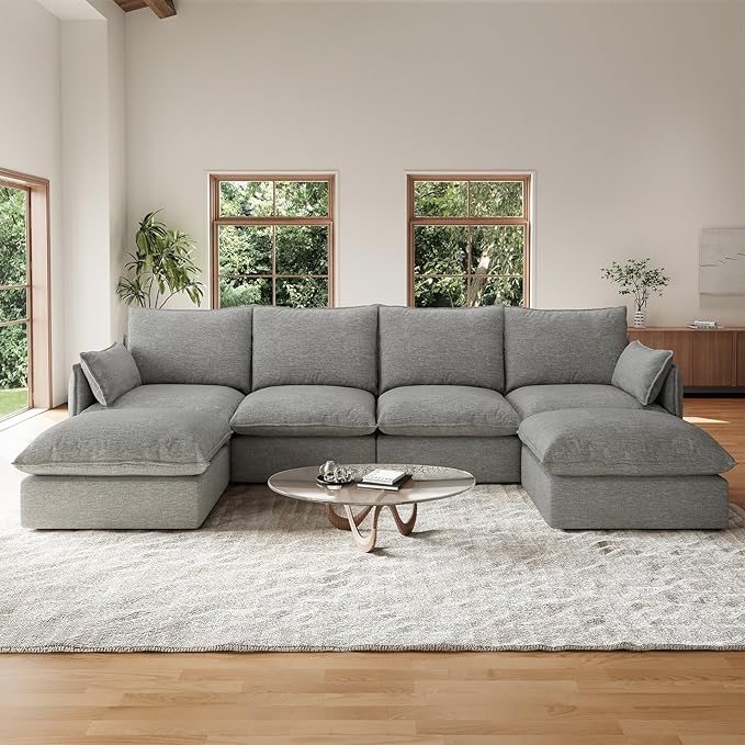 Forest aesthetics 124" L Shape Cloud Modular Sectional,4 Seater with Chaise Waterproof High Backrest Sectional Sofas,Down Filled Modular Couch with Removable Washable Cover for Living Room,Dark Gray