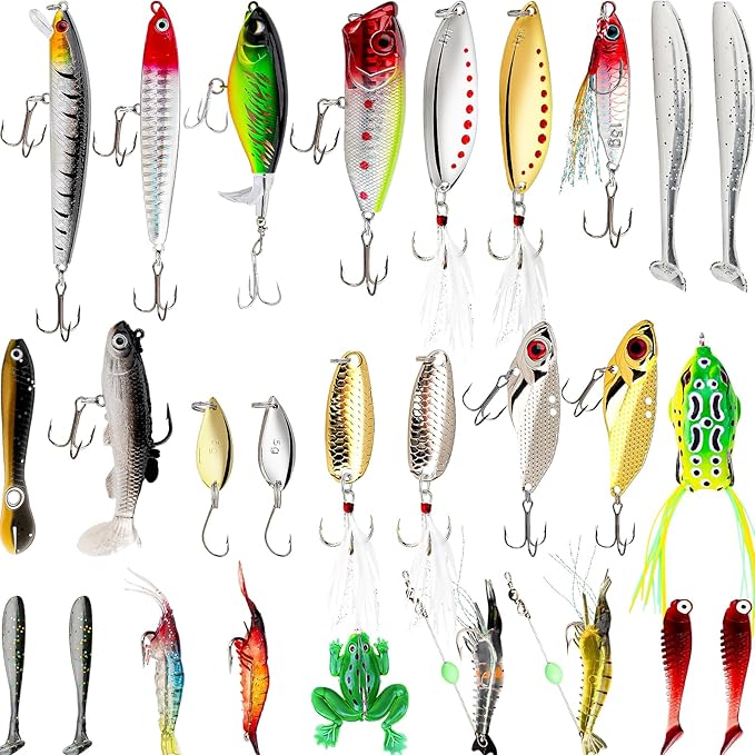 Funzhan 27Pcs Fishing Lures Kit Diving Bass/Trout/Pike Hard and Soft Lures Gift for Fishermen Freshwater or Saltwater Fish...