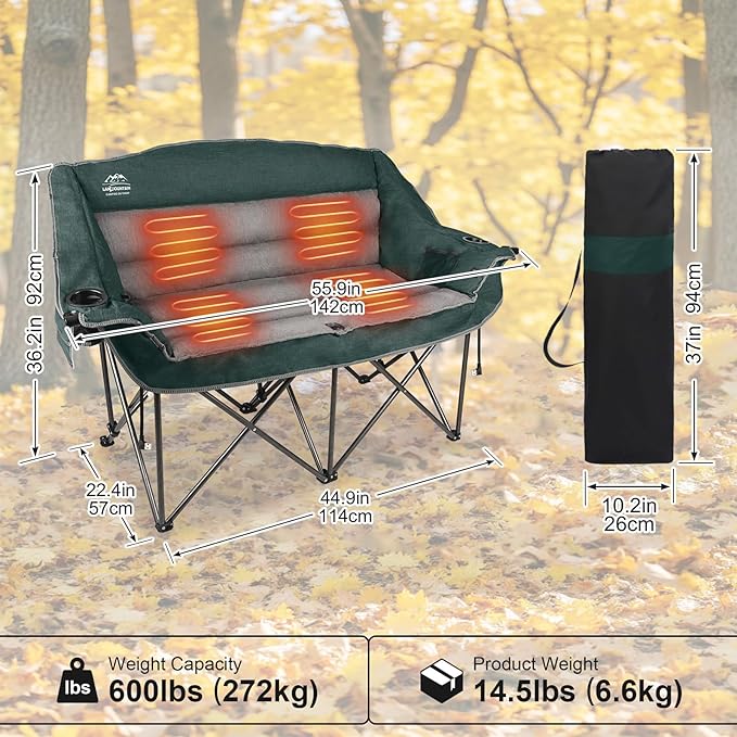 LANMOUNTAIN Heated Double Camping Chairs,3 Heat Levels Padded Portable Loveseat w/Wine Glass Holder,Cup Holder,Heating Outdoor Camp Couch Support 600 Lbs,Dark Green,Battery NOT Included