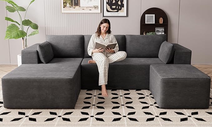 106" Cloud Sectional Boneless Couches for Living Room, Modular U Shaped Couch with Deep Seat, Removable Ottoman, Memory Foam Compressed Spineless 4 Seater Sofa for Bedroom Apartment, Grey