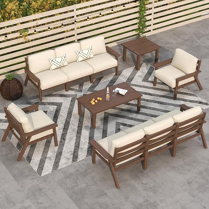 Patio Kingdom 10 Piece Outdoor Patio Furniture Set, Outdoor Couch with Washable Thick Beige Cushions, Coffee Table & Side Table, Patio Conversation Sets for Lawn, Garden, Porch, Balcony (Brown Frame)