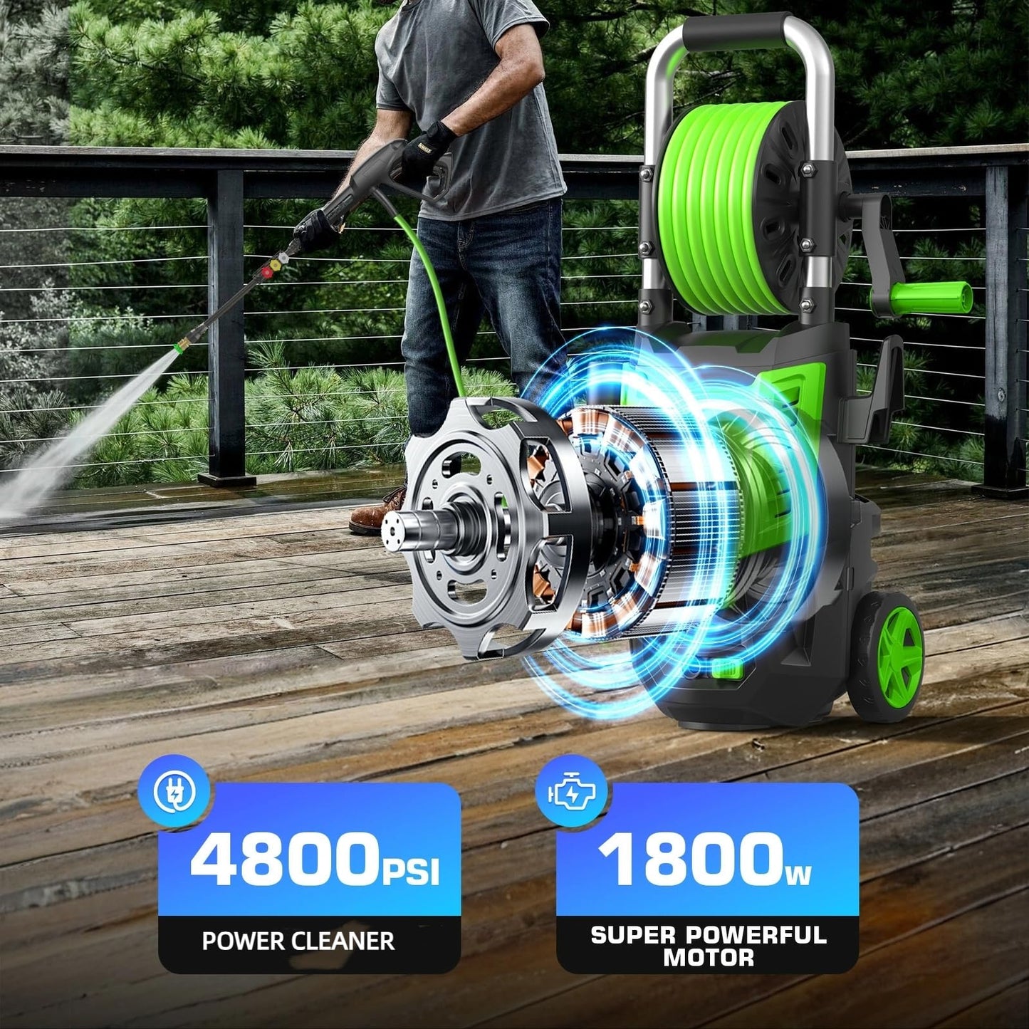 4800 PSI Electric Pressure Washer- 4.0 GPM High Power Washer with 33FT Hose Reel, 4 Spray Tips and Soap Bottle for Car Washing, Fence Cleaning, Patio Maintenance（Upgraded）(Green)