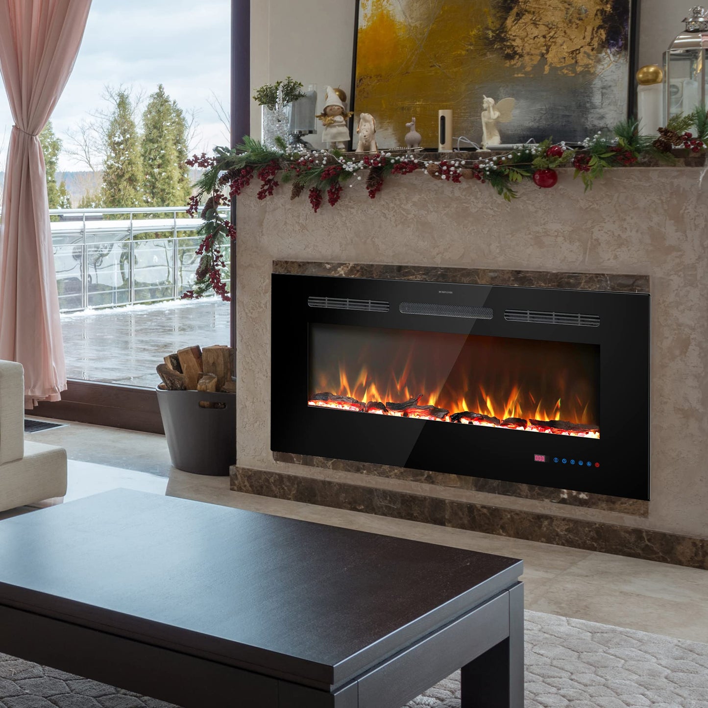 Kentsky 65 inches Electric Fireplace Inserts, Recessed and Wall Mounted Fireplace Heater, Linear Fireplace w/Thermostat, Remote & Touch Screen, Multicolor Flame, Timer, Log & Crystal, 750W/1500W