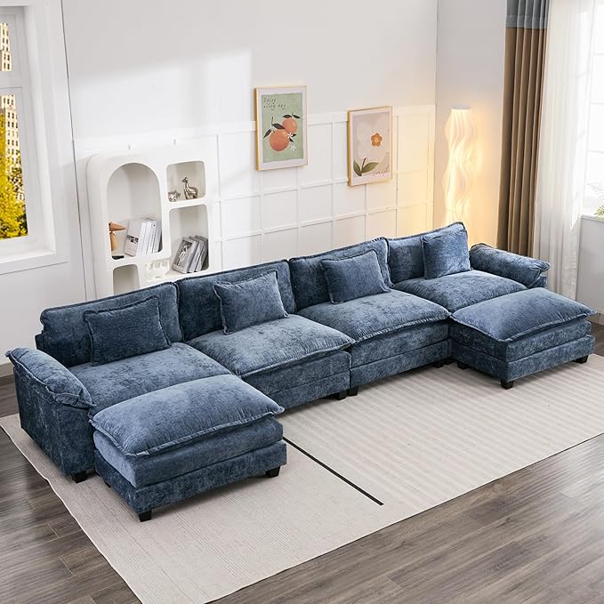 Oprisen 154" Modular Sectional Sofa, Comfy Cloud Couch Sectional Sofa with Ottoman, Chenille Sofa Sleeper Deep Seat Sofa with Throw Pillows for Living Room (Blue, 154"- U Shape)