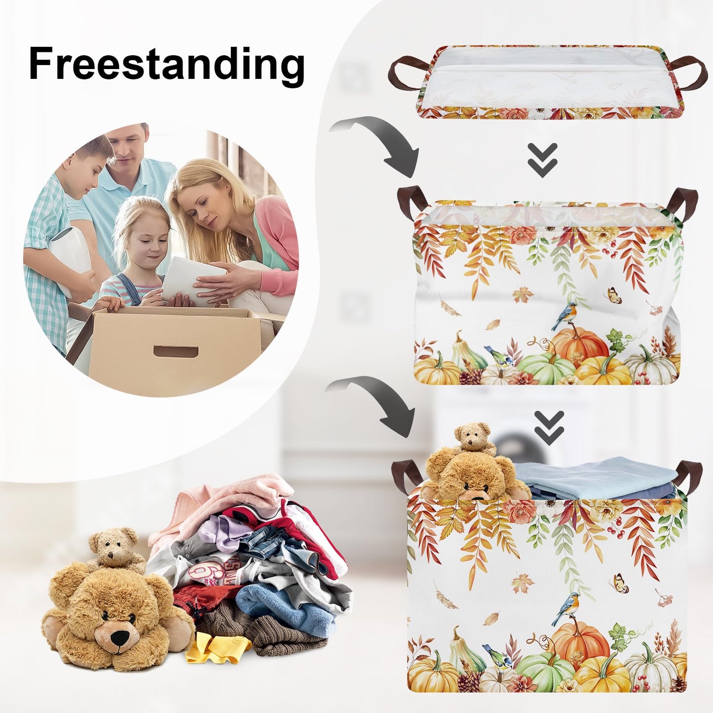 HUUMONSS Fall Thanksgiving Baby Storage Basket Pumpkin Maple Leaf Collapsible Clothes Kids Laundry Hamper Large Boys Girls Gift Toy Box Bin for Nursery Room,Bird,40 * 30 * 30 cm