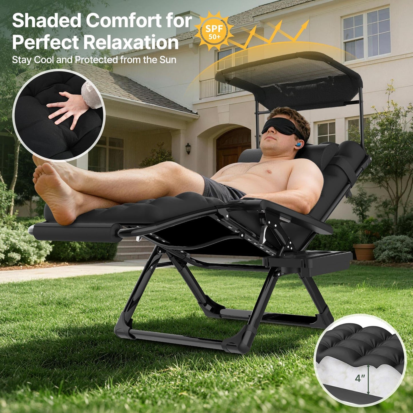 Suteck Zero Gravity Chair with Canopy,33In XXL Oversized Lounge Chair w/Removable Cushion&Headrest, Upgraded Lock and Footrest, Folding Reclining Patio Chairs Recliner for Indoor Outdoor