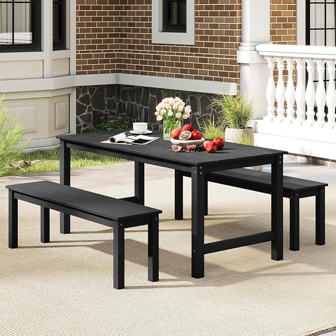 Tangkula HDPE Outdoor Bench, 2-3 Person Patio Bench, 55" Backless Garden Dining Bench with Slatted Seat, Weatherproof Park Bench for Entryway, Porch, Lawn & Backyard (Black,2)